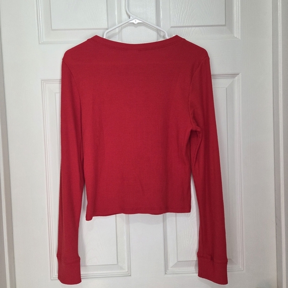 Pink Victoria's Secret Red Waffle Knit Long Sleeve Henley Top Size Large Fall - Picture 2 of 7